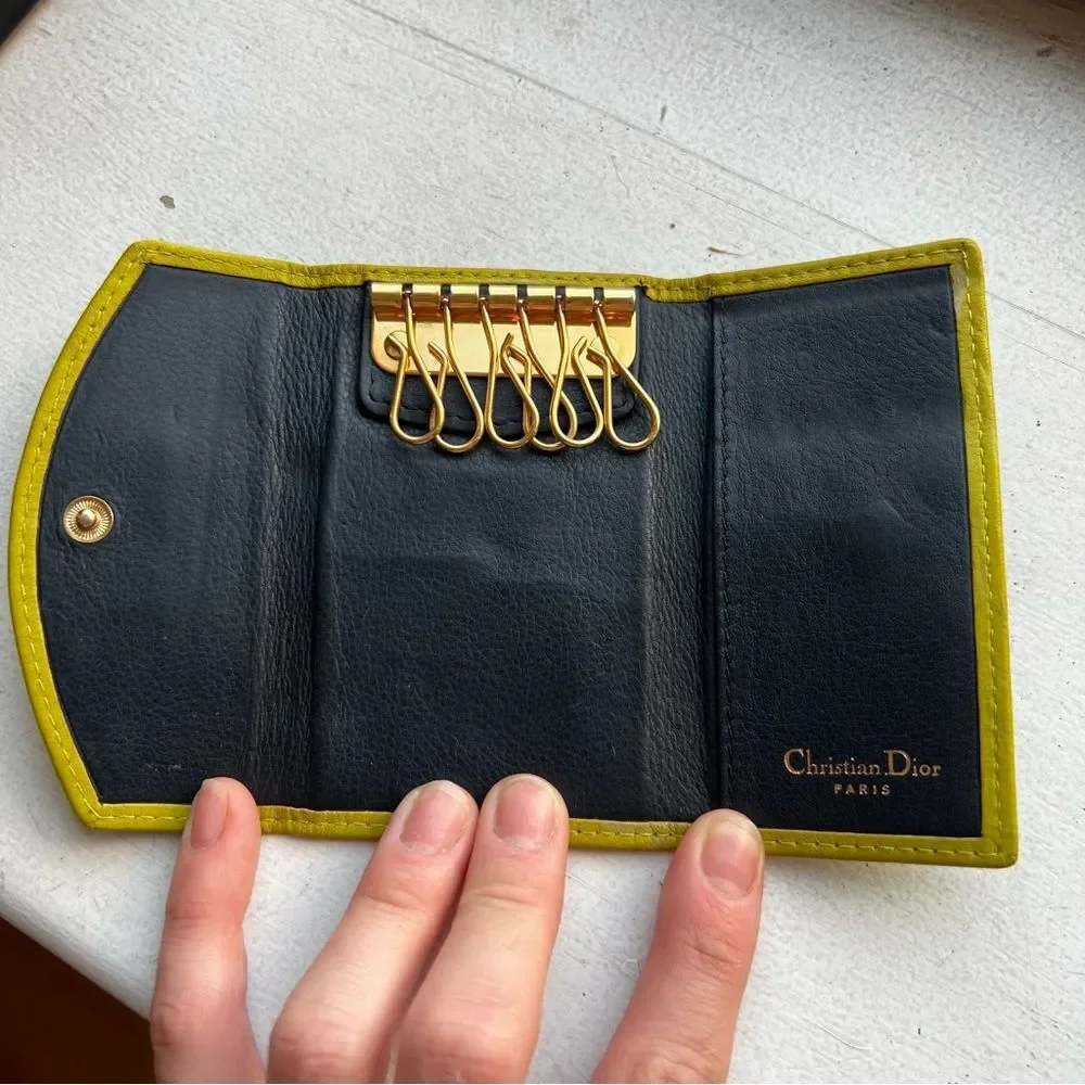 Christian Dior Key Holder, CD Compact Wallet Olive Green/Yellow Authentic
